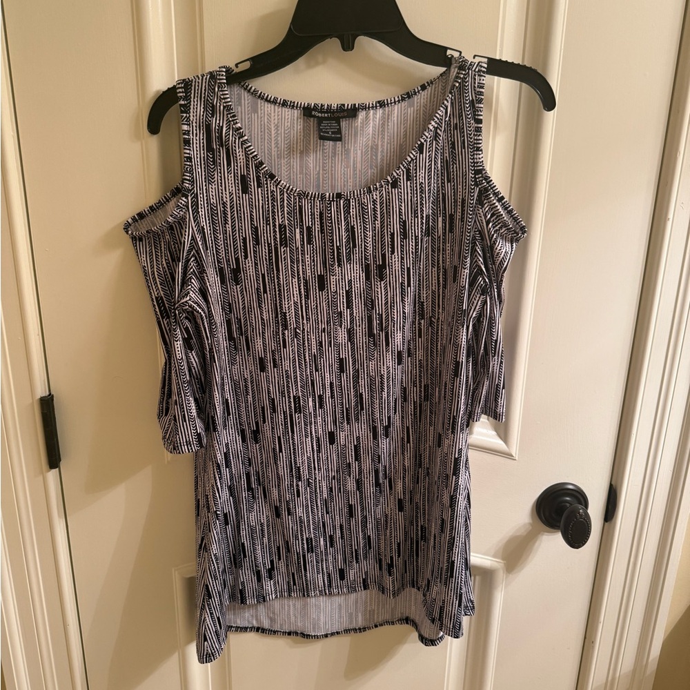 Robert Louis black and white open shoulder mid length sleeve blouse